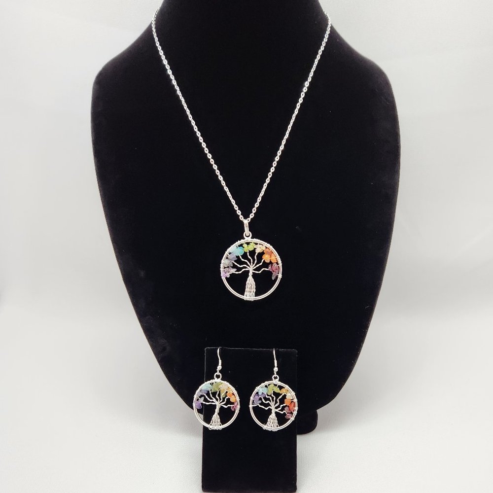 Tree Of Life Genuine Gemstones Pendant Necklace And Earrings #577